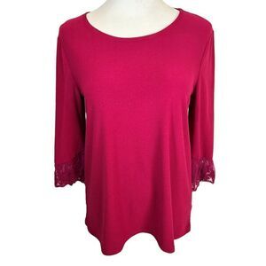 Love Scarlett Raspberry Dark Pink 3/4 Sleeve Blouse Stretchy Eyelet Lace Trim